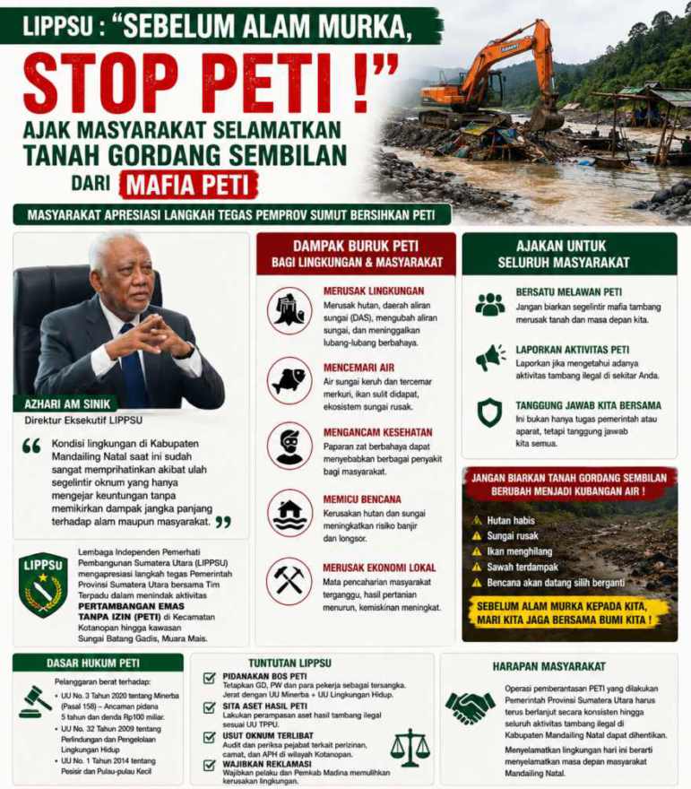 LIPPSU Ajak Masyarakat Selamatkan Tanah Gordang Sambilan dari Mafia PETI: Stop, Sebelum Alam Murka!
